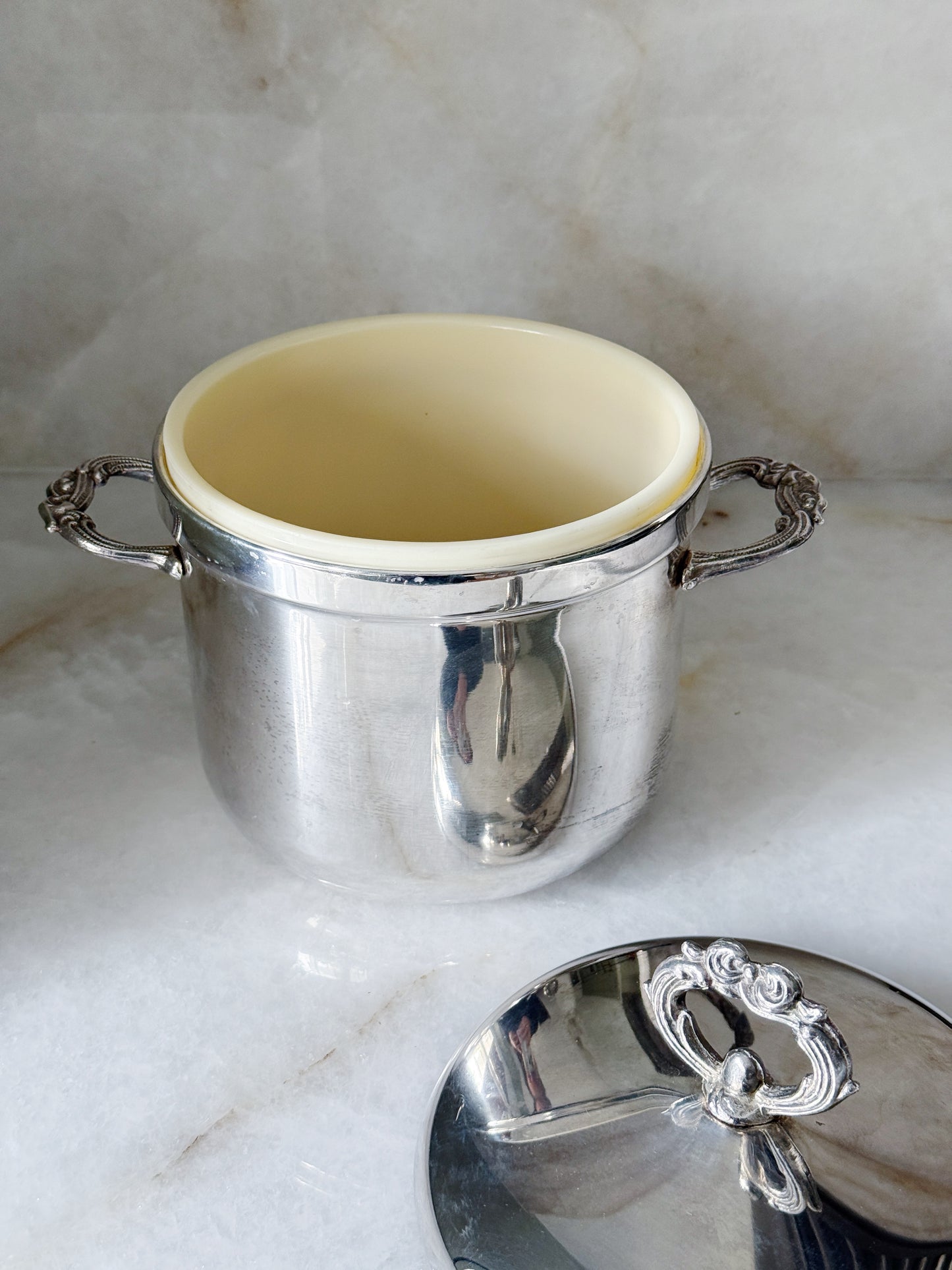 Vintage Silver-Plated Ice Bucket with Ornate Lid and Handles