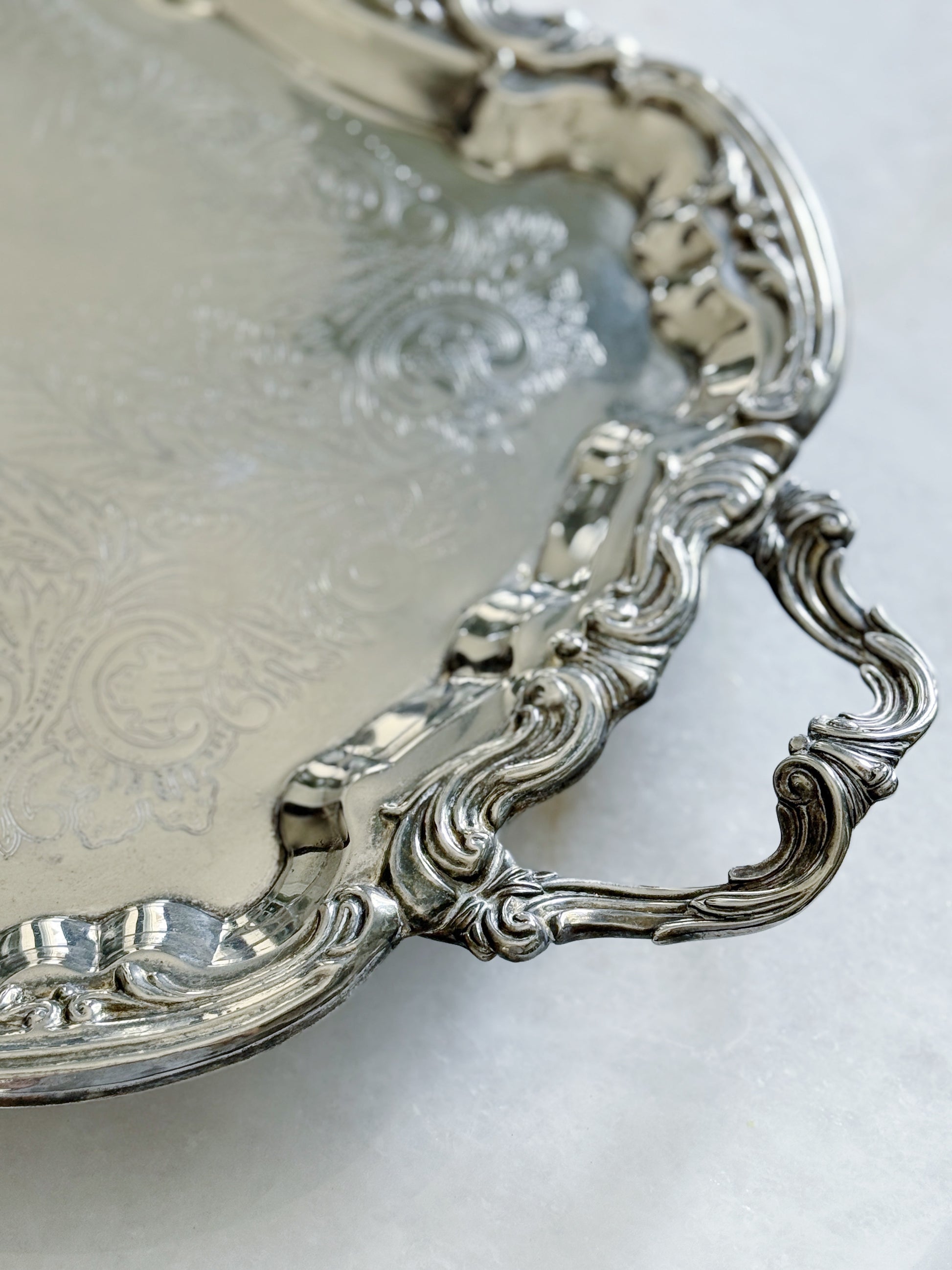 Large Vintage Silver Embossed Footed Serving Tray - 25”