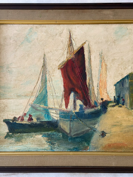 Vintage European Harbor Oil Painting in Wood & Linen Frame | Textured Coastal Seascape