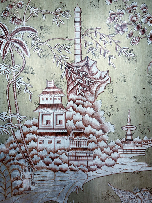 Large Scale Hand-Painted Metallic Chinoiserie Wall Panel
