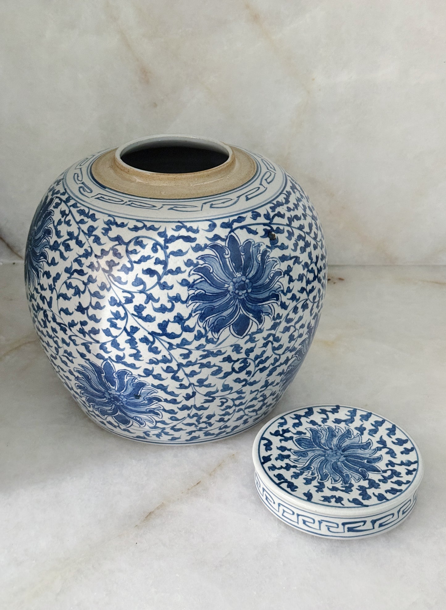Blue & White Porcelain Ginger Jar with Scrolling Peony Motif