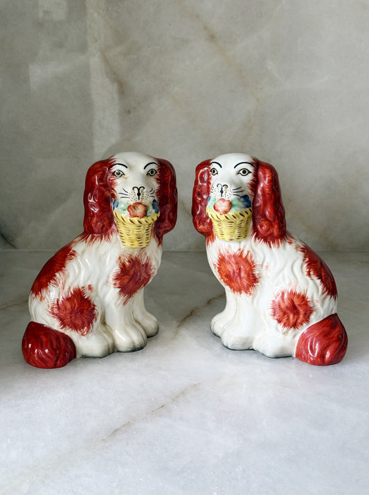 Orange Staffordshire Flower Basket Dogs – Pair
