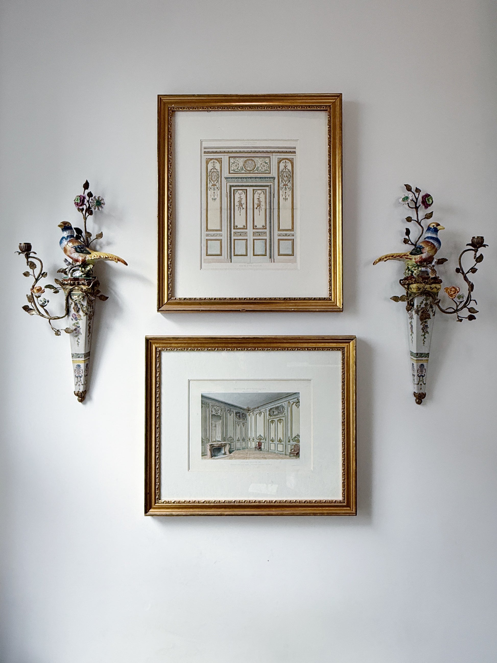 Hand Painted Porcelain Bird & Floral Sconce Set with Bronze Ormolu Detailing With vintage art work