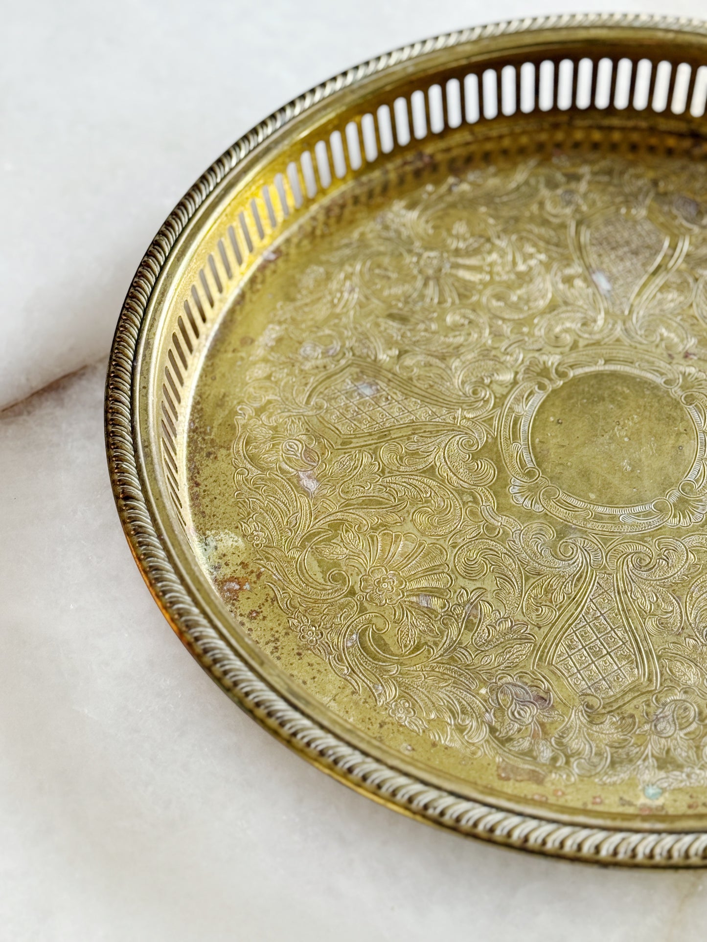 Vintage Brass Serving Tray with Reticulated Edge - 12"