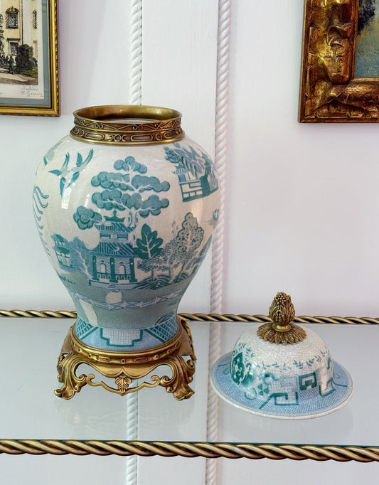 Turquoise willow temple jar with the lid removed, showing the bronze rim and the lid resting beside it