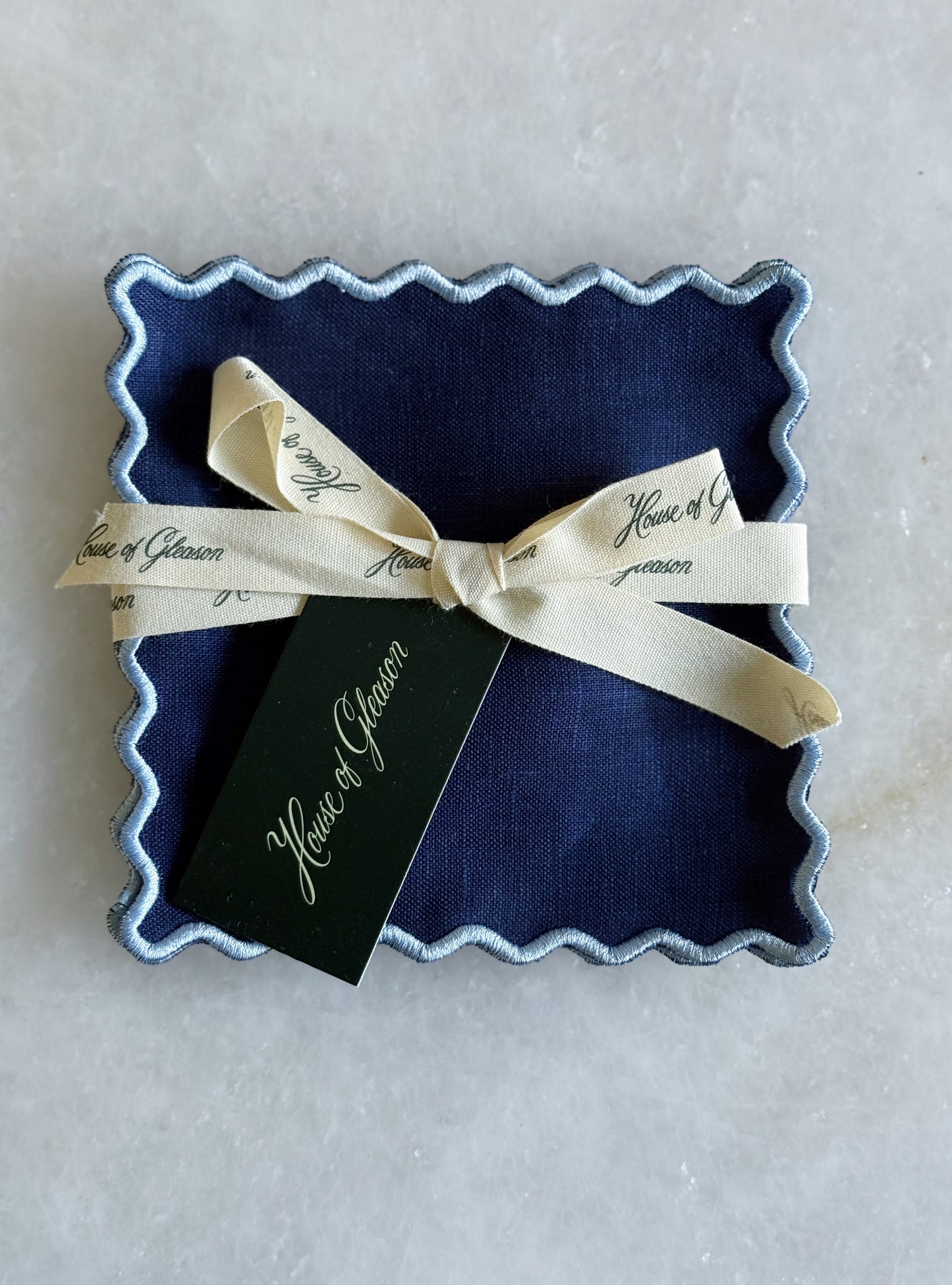 Linen Embroidered Cocktail Napkin - Navy/Pale Blue