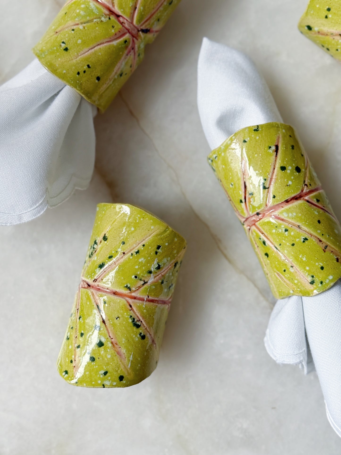 Caladium leaf ceramic napkin rings hand painted