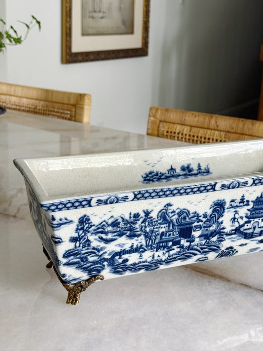 Blue Willow Porcelain Rectangular Planter with Bronze Ormolu Feet