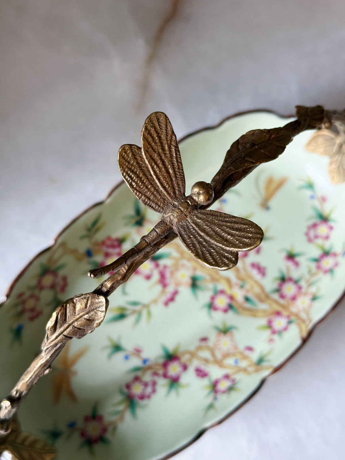 Chinoiserie Porcelain Floral Dish with Bronze Ormolu Dragonfly Detailed Handle