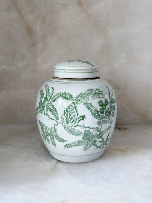 Green & White Porcelain Bird Ginger Jar