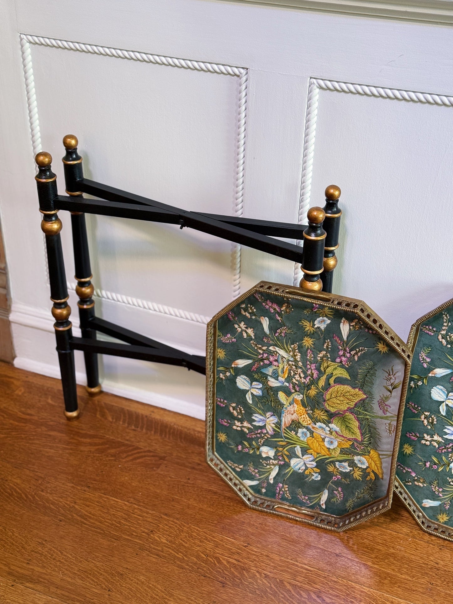 Two-Tier Porcelain Tray Table with Gilt Gallery and Removable Trays