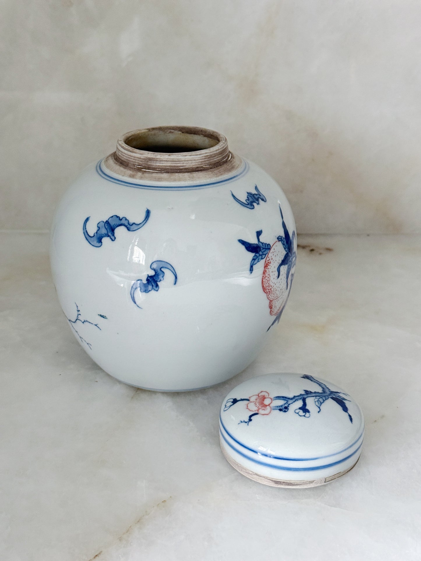 Hand-Painted Blue & Peach Porcelain Ginger Jar