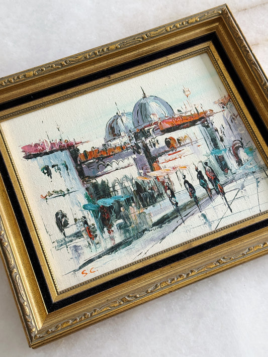 Vintage Framed European Street Scene Oil Painting