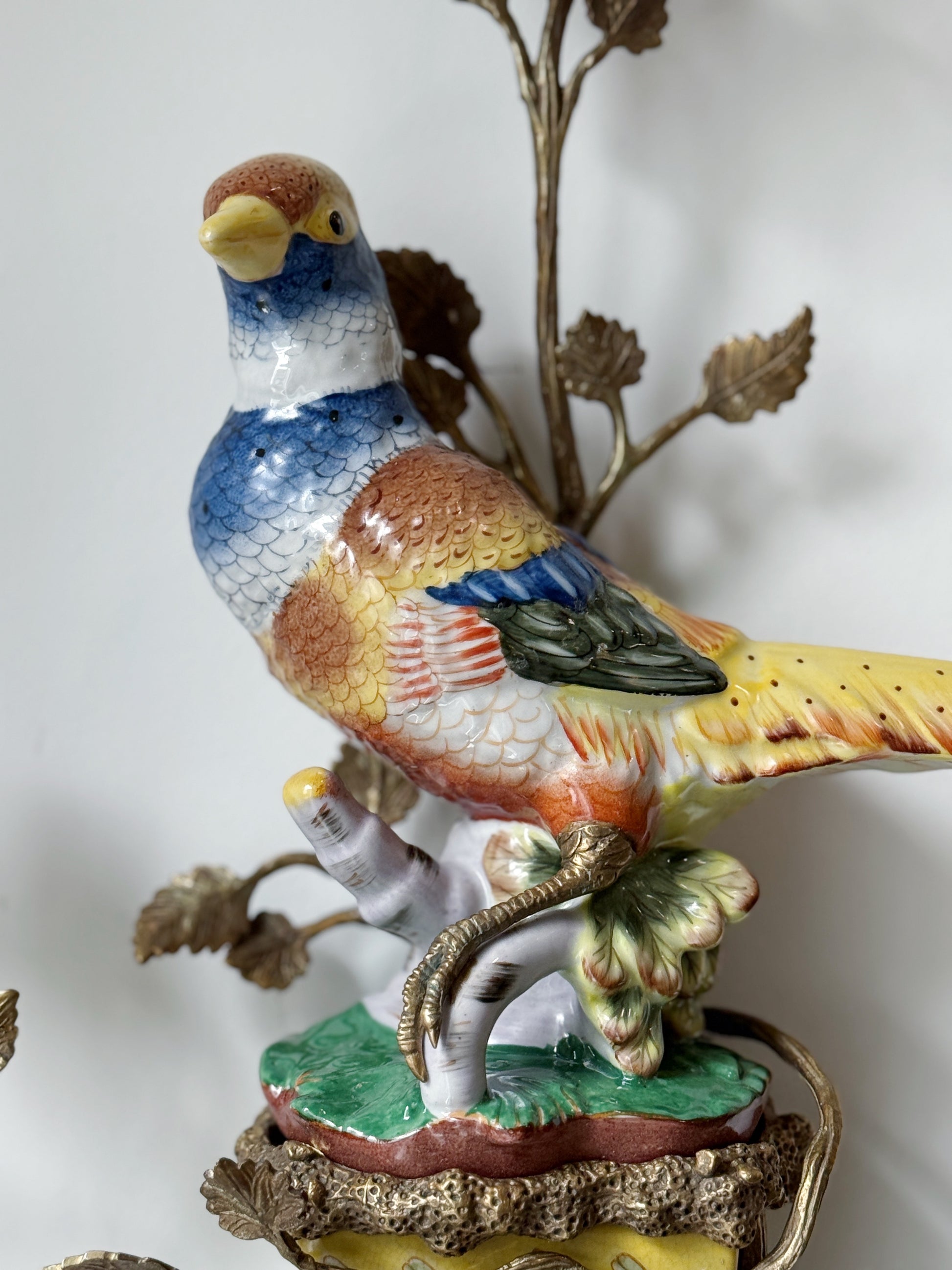 Hand Painted Porcelain Bird & Floral Sconce Set with Bronze Ormolu Detailing