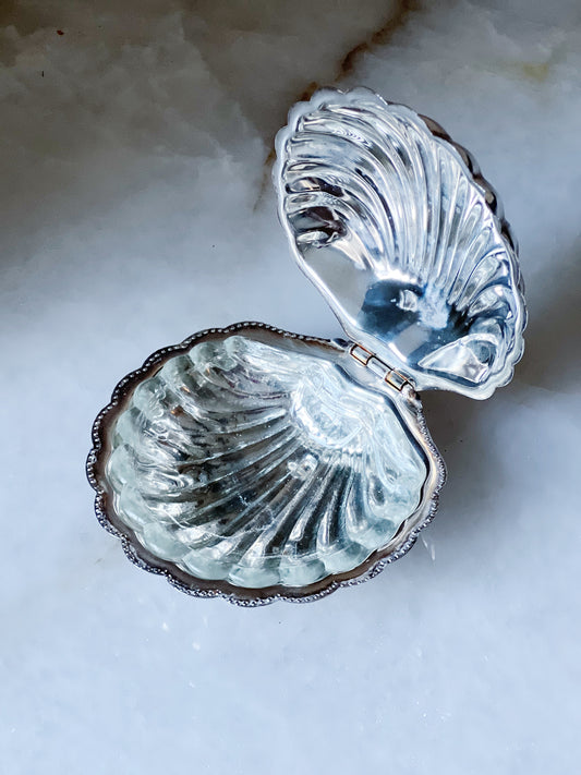 vintage silver clamshell and glass caviar dish