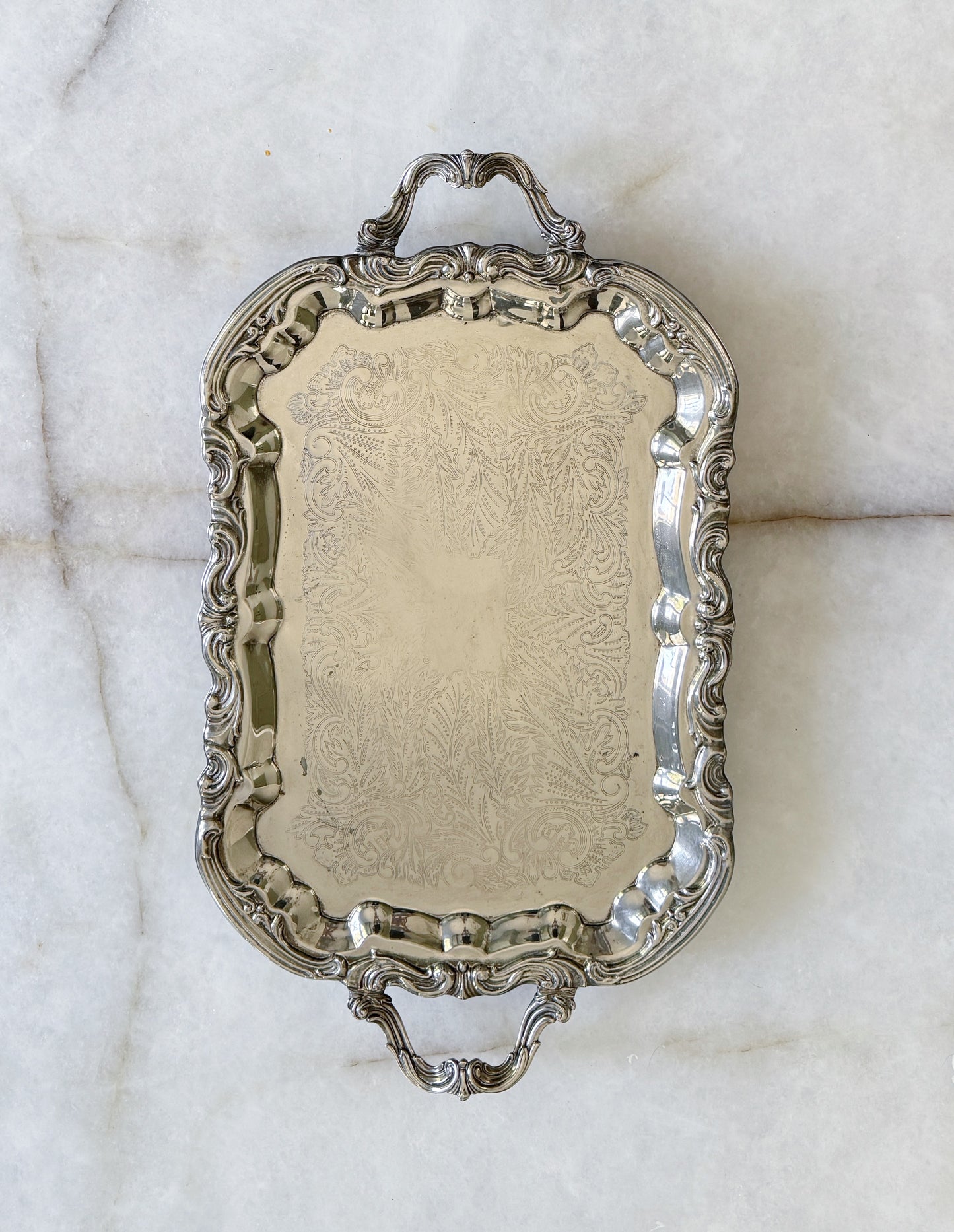 Large Vintage Silver Embossed Footed Serving Tray - 25”