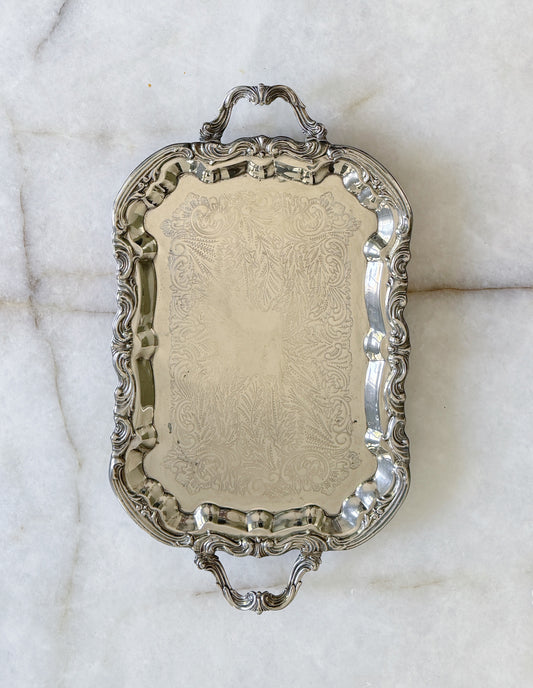 Large Vintage Silver Embossed Footed Serving Tray - 25”