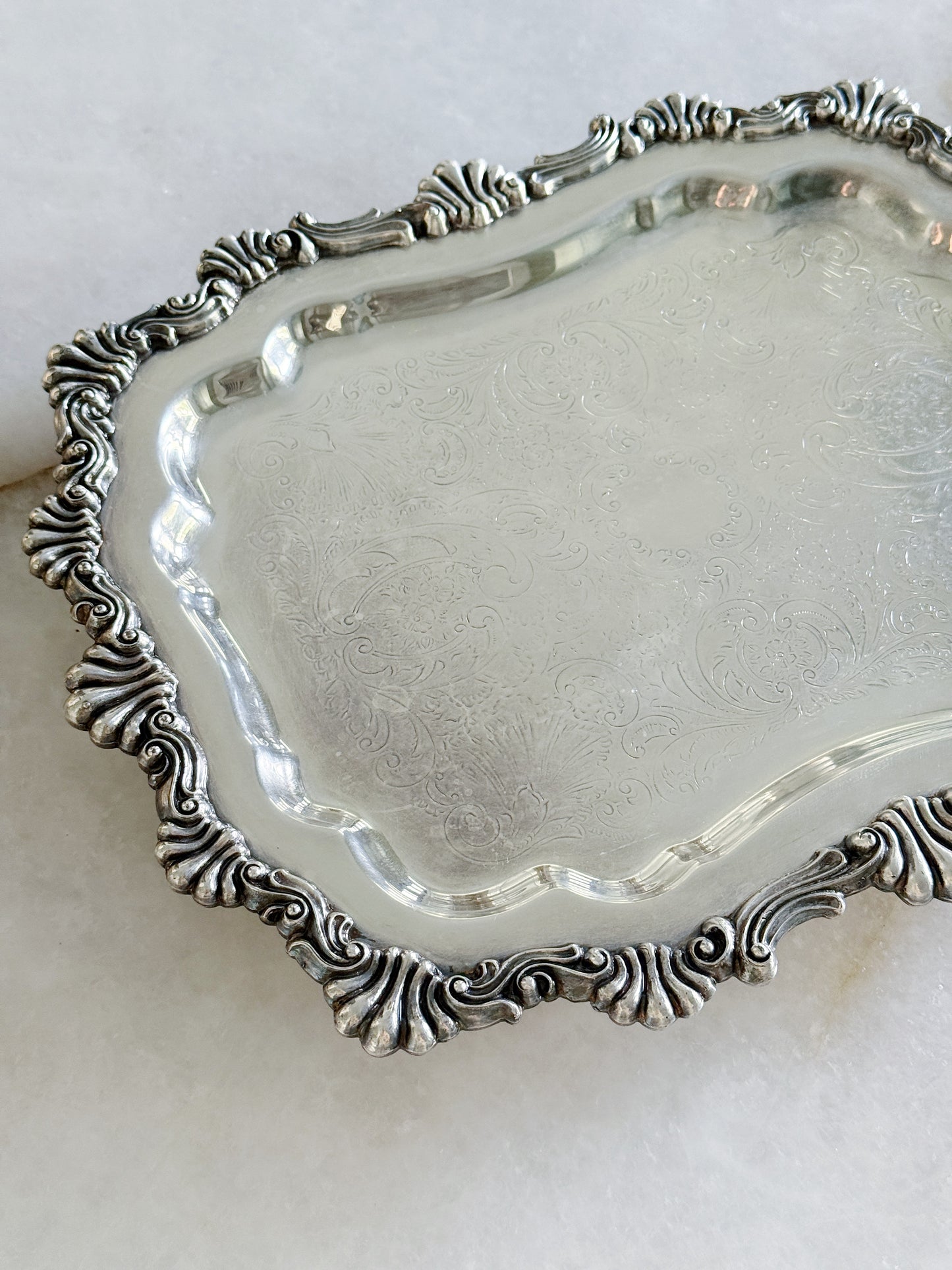 Vintage Etched Silver Footed Rectangle Tray