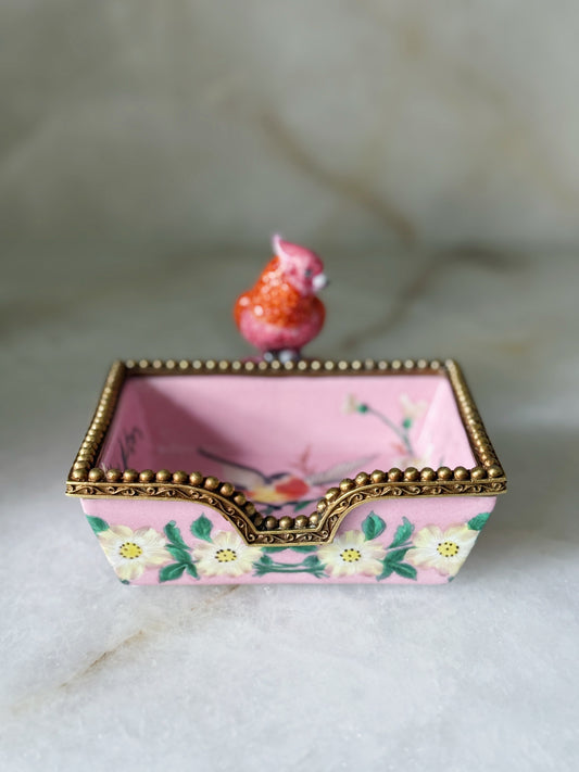 Hand Painted Pink Bird Dish with Bronze Ormolu