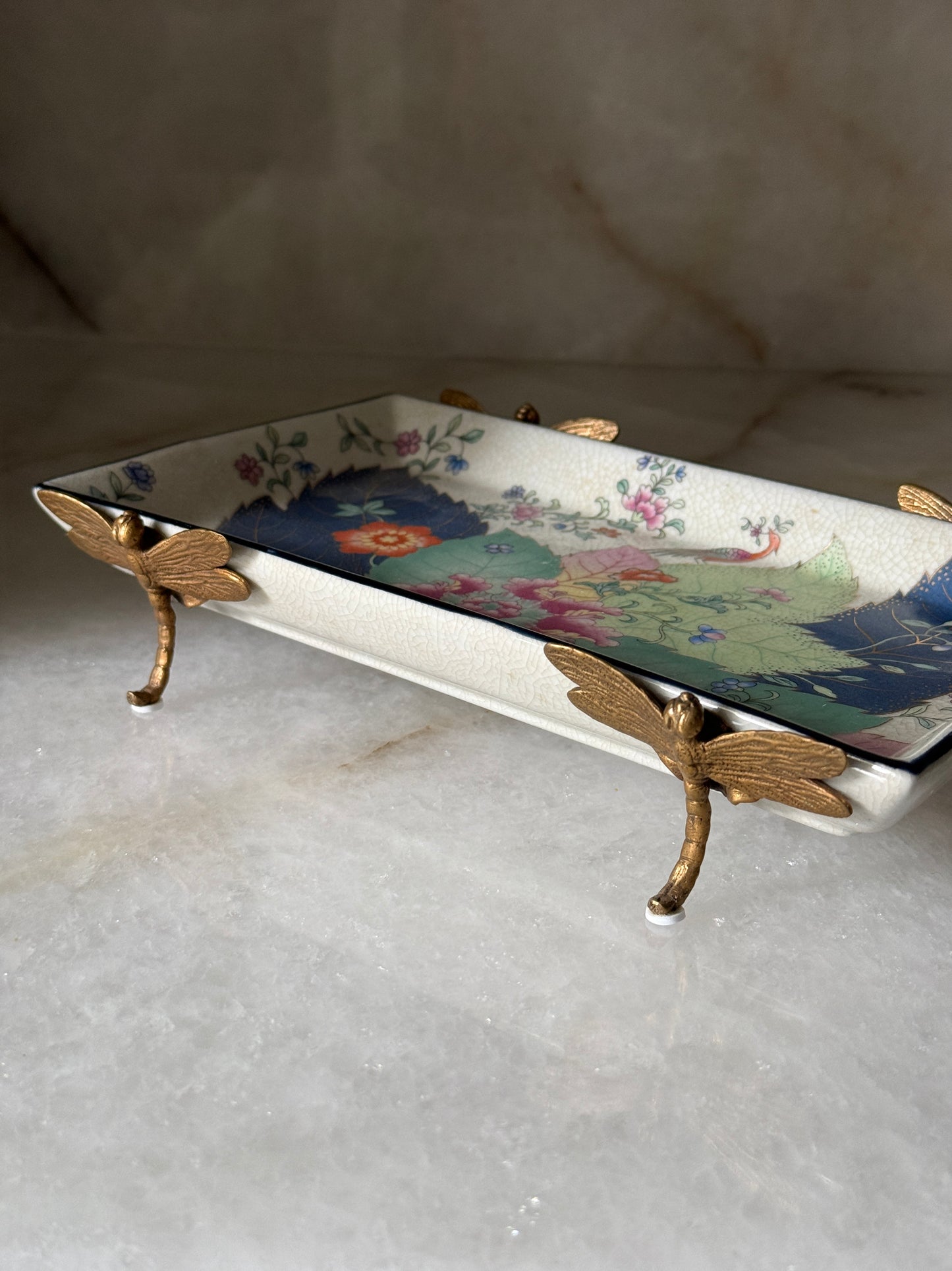Porcelain Tobacco Leaf Tray with Bronze Dragonfly Accents