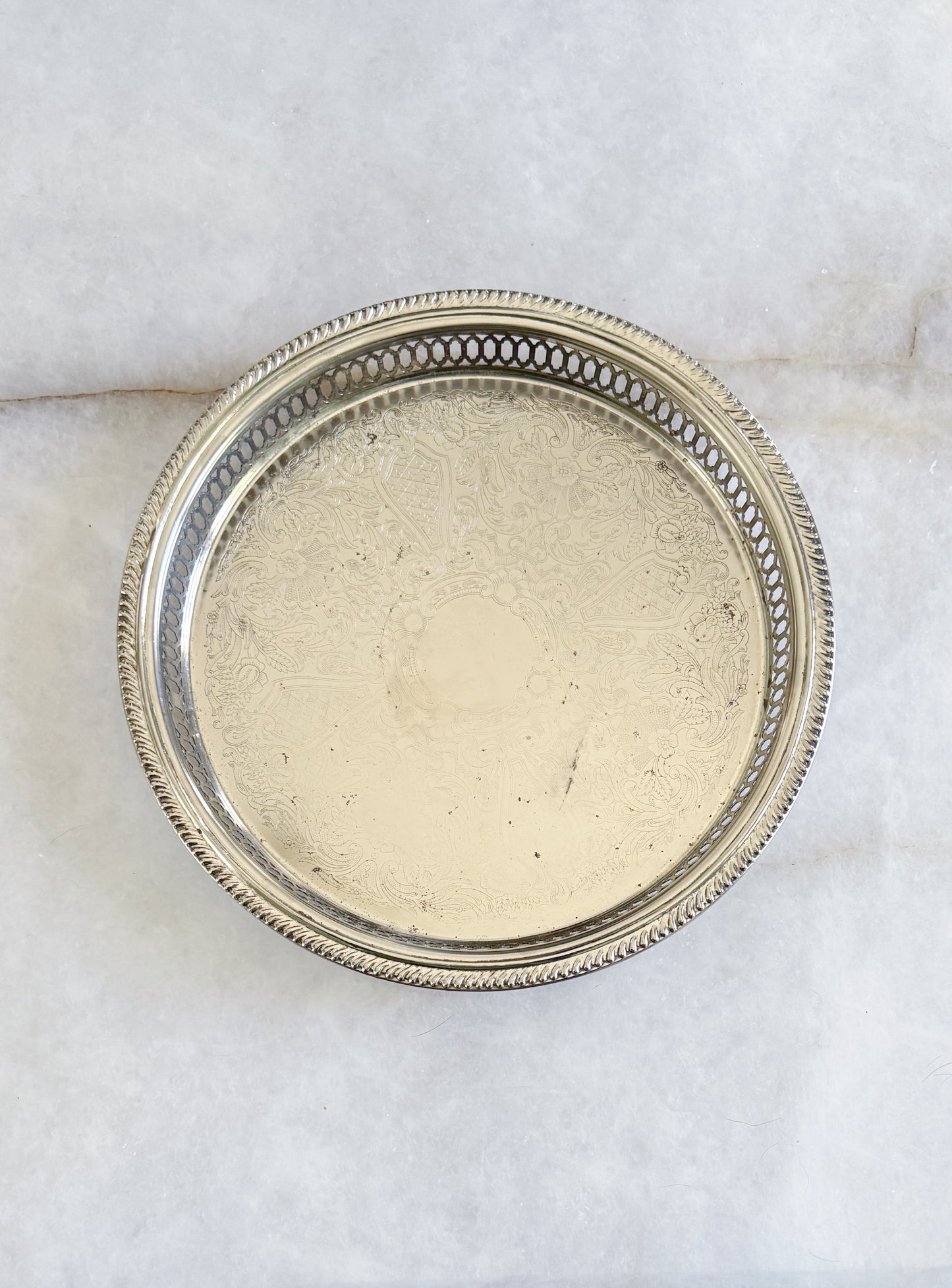 Vintage Silver Serving Tray with Reticulated Edges - 11.25”