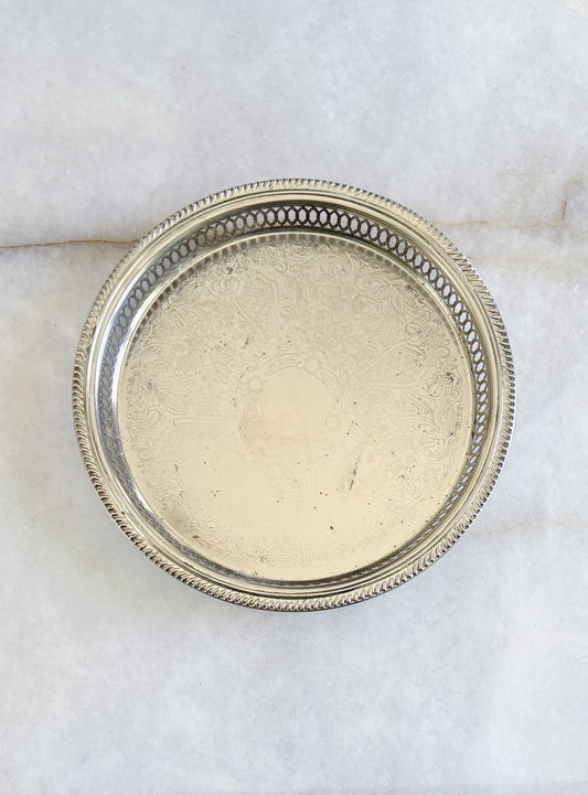 Vintage Silver Serving Tray with Reticulated Edges - 11.25”