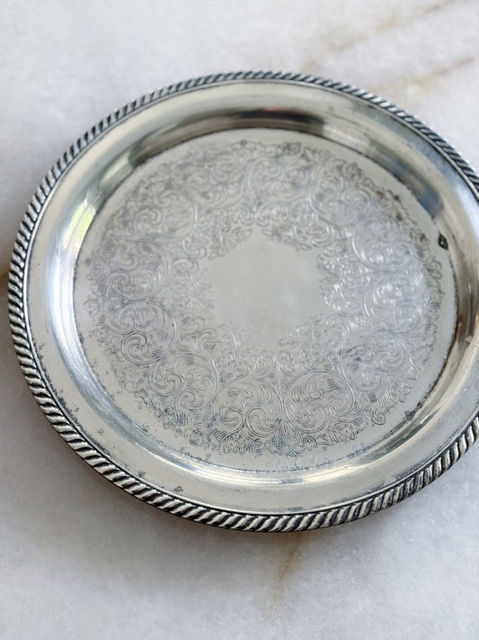 Vintage Silver Embossed Serving Tray with Rope Detail
