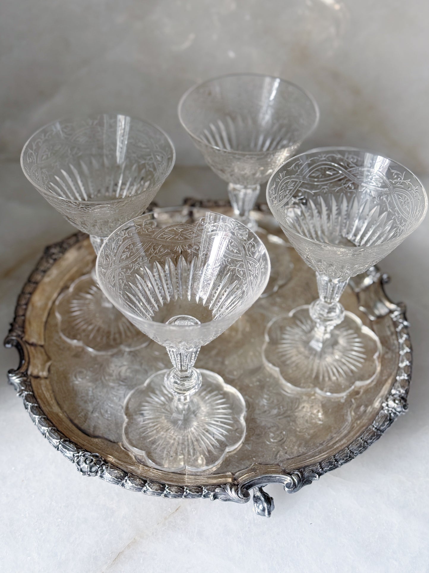 Vintage Crystal Champagne Coupes with Scalloped Trim