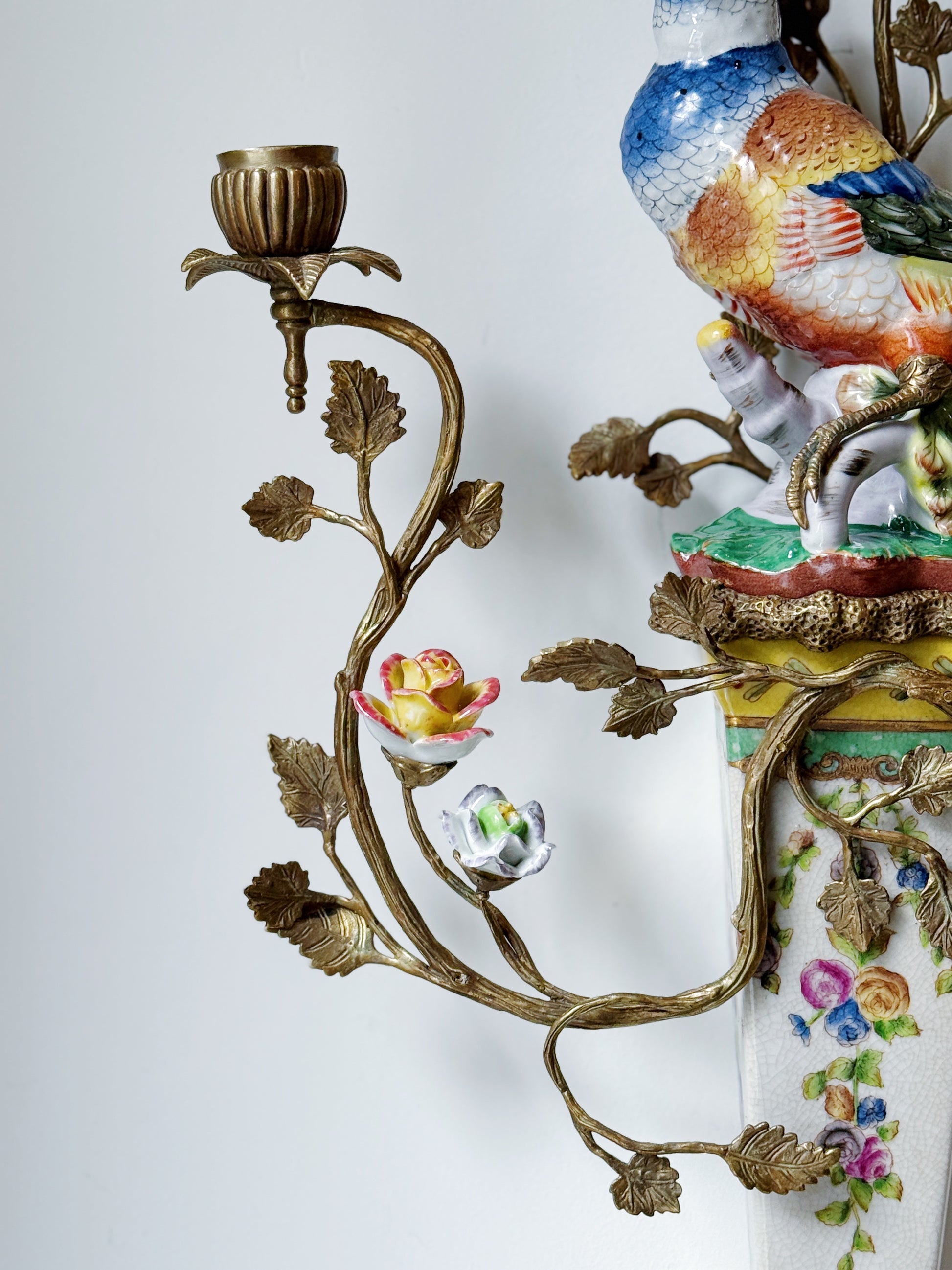 Hand Painted Porcelain Bird & Floral Sconce Set with Bronze Ormolu Detailing