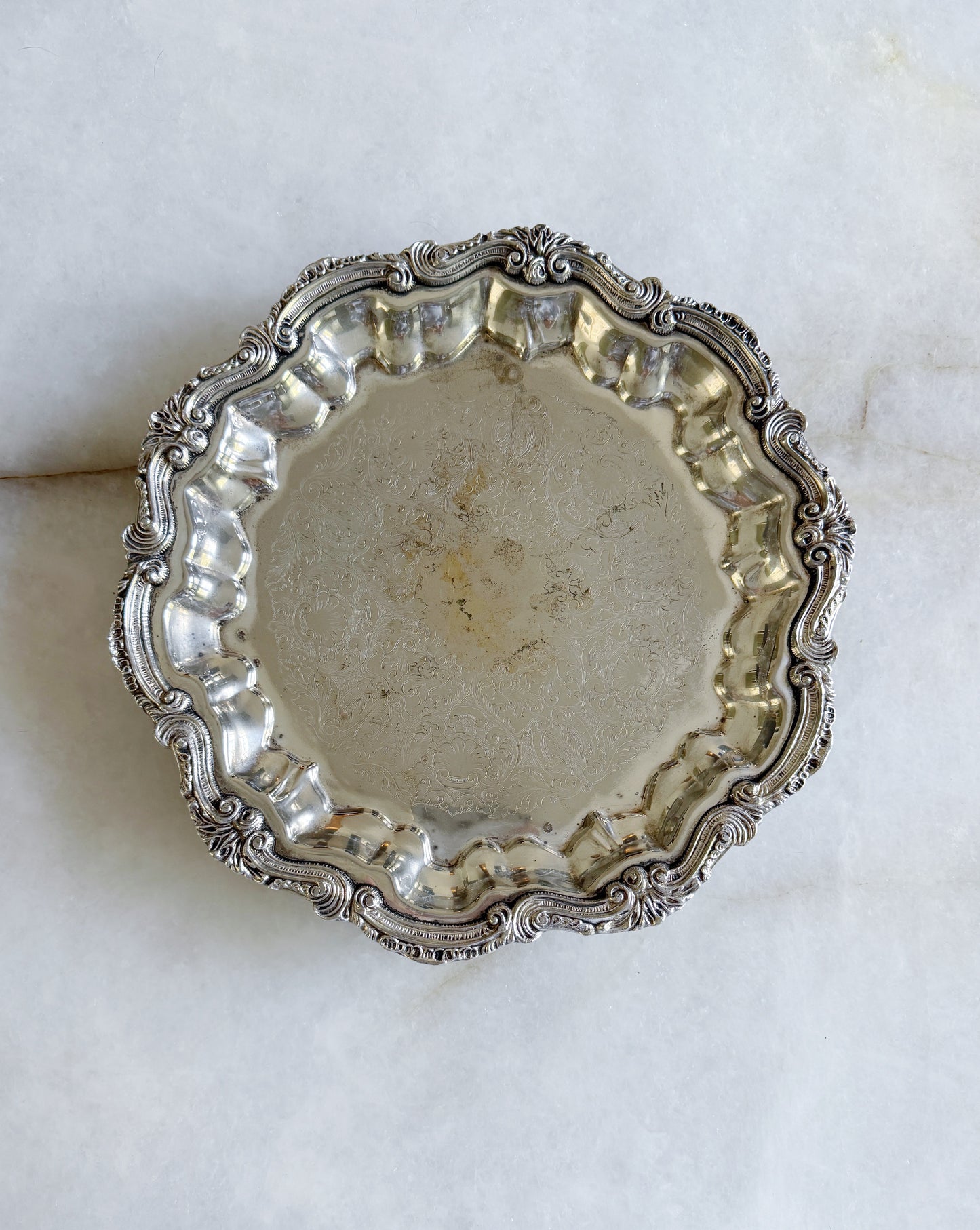 Vintage Silver Round Footed Serving Tray with Embossed Center - 12"