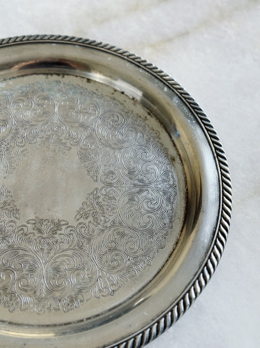 Vintage Round Silver Serving Tray with Rope Edge Detail