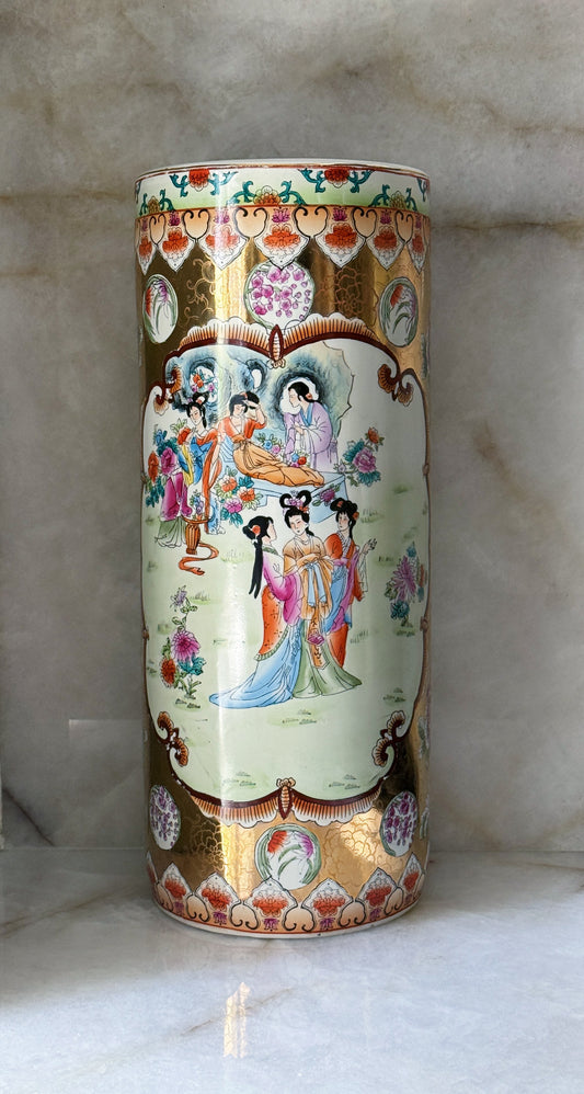 Vintage Hand-Painted Chinoiserie Porcelain Umbrella Stand