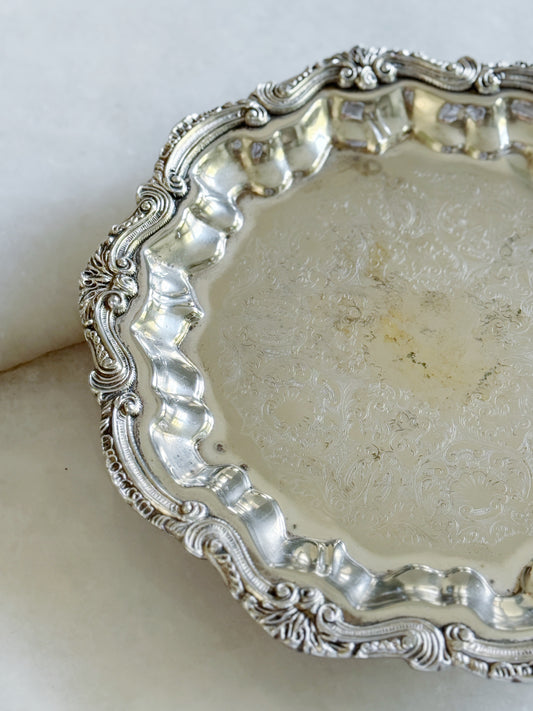 Vintage Silver Round Footed Serving Tray with Embossed Center - 12"