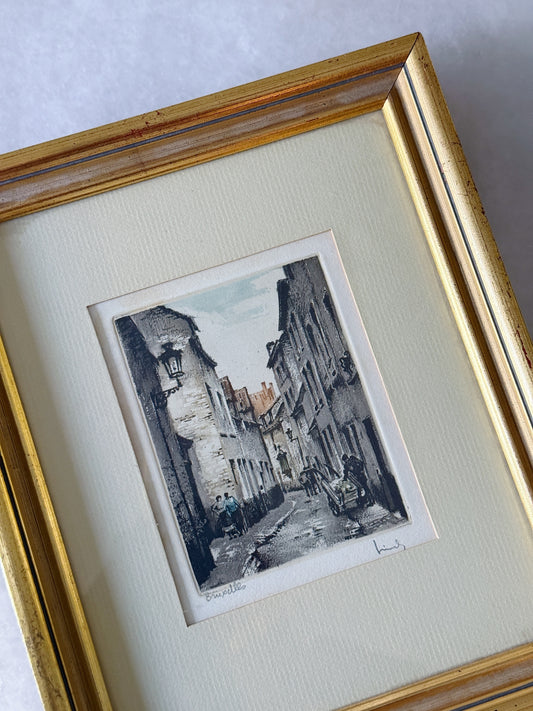 Vintage Framed European Street Scene Etching | Gilt Wood Wall Art