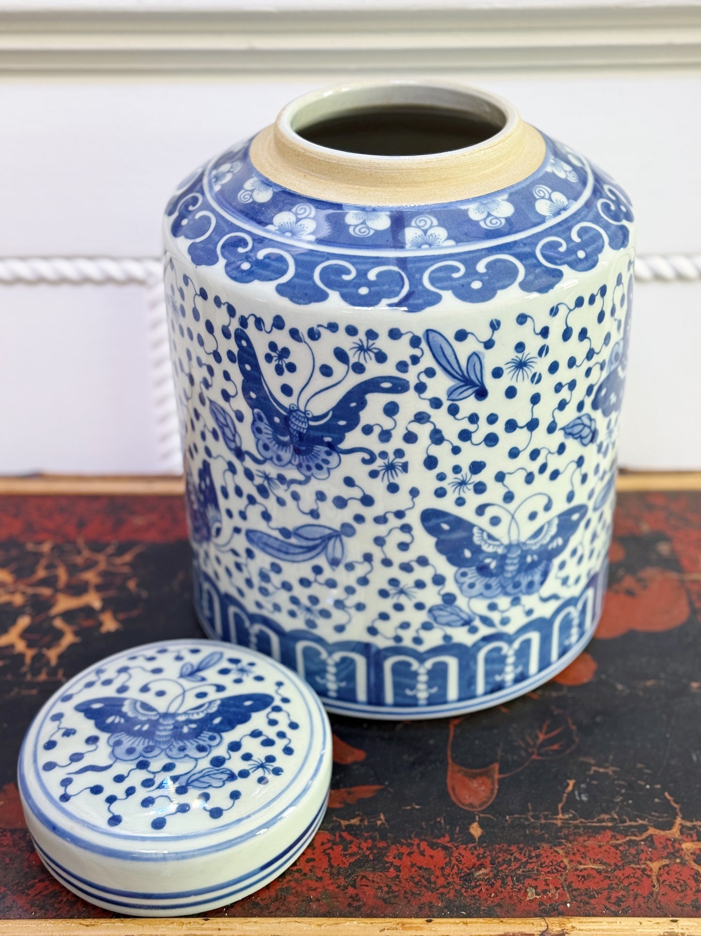 Hand Painted Blue & White Butterfly Tea Canister
