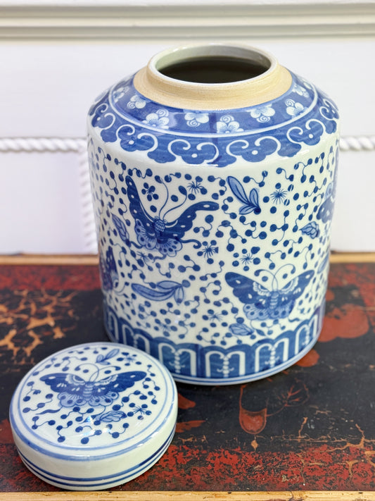 Hand Painted Blue & White Butterfly Tea Canister