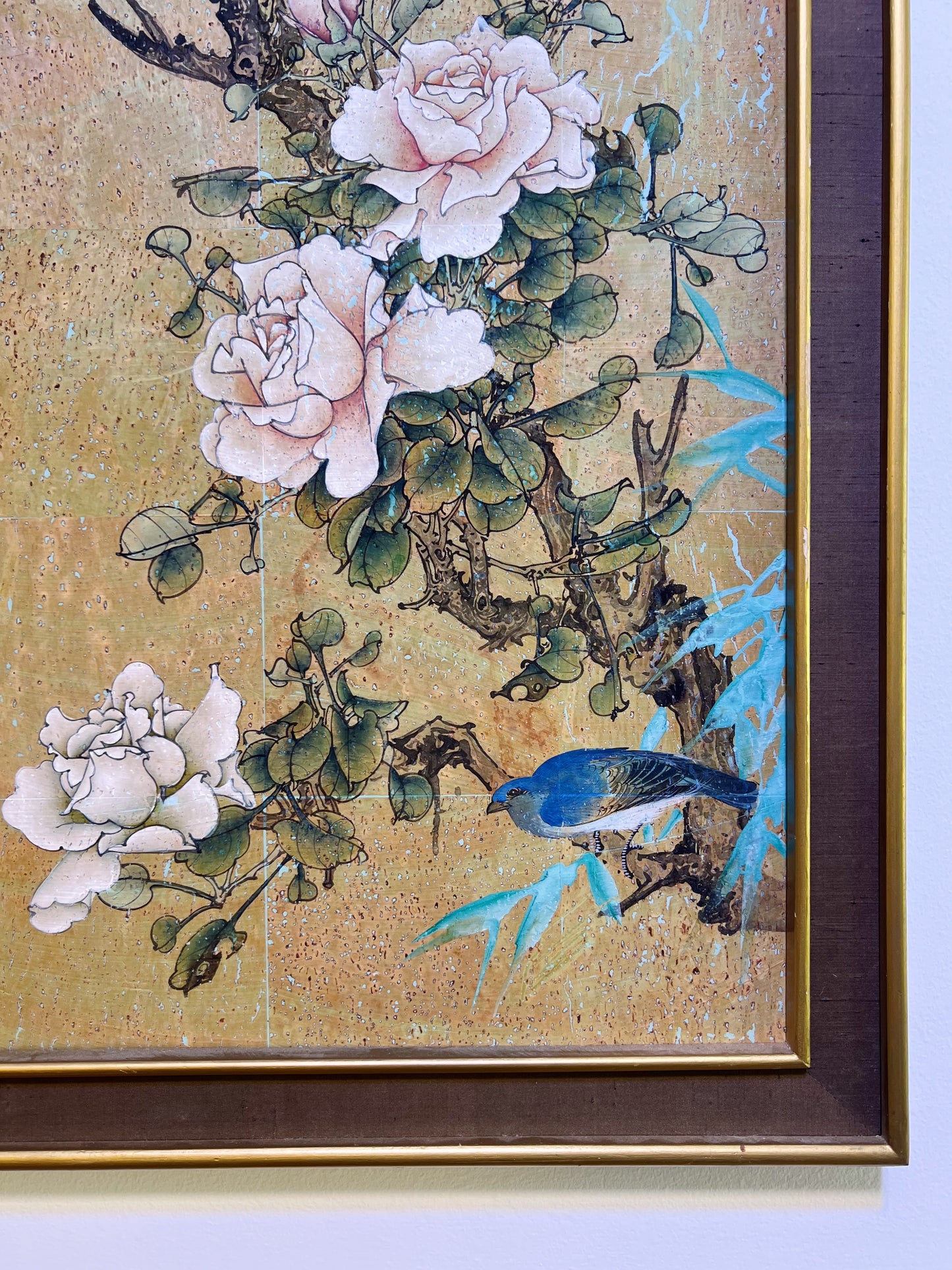 Vintage Asian watercolor art on cork with silk frame