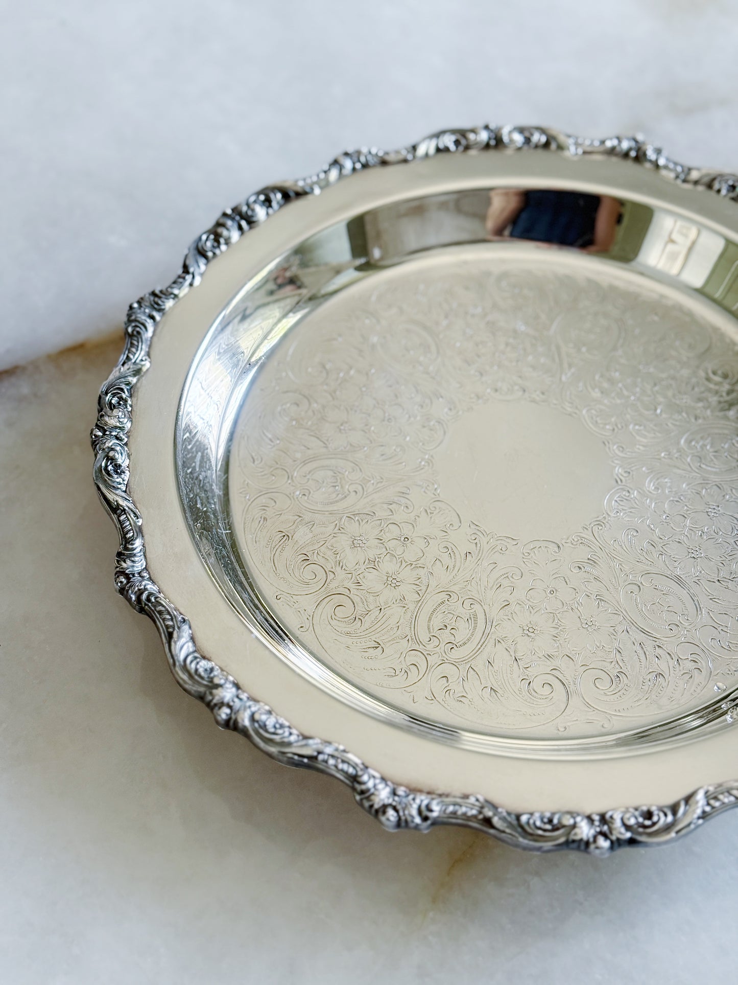 Vintage footed silver serving tray with etched design