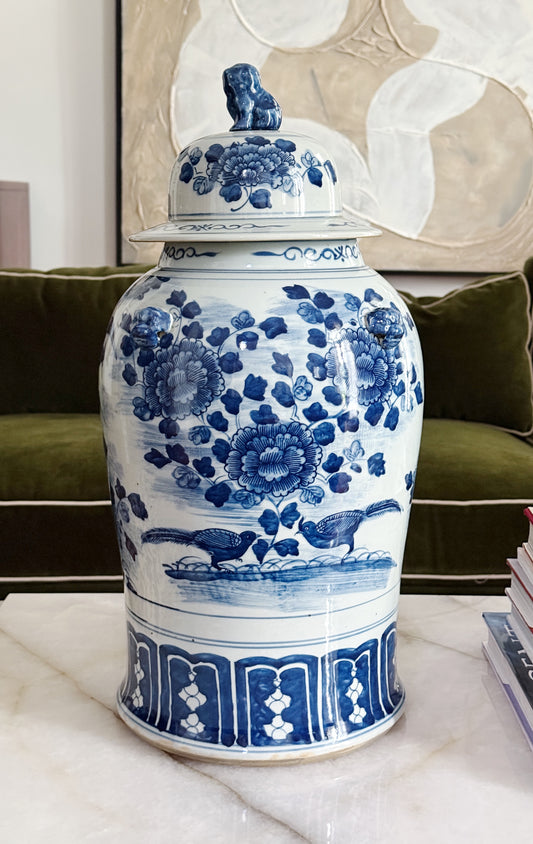 Large Blue & White Chinoiserie Floral Temple Jar