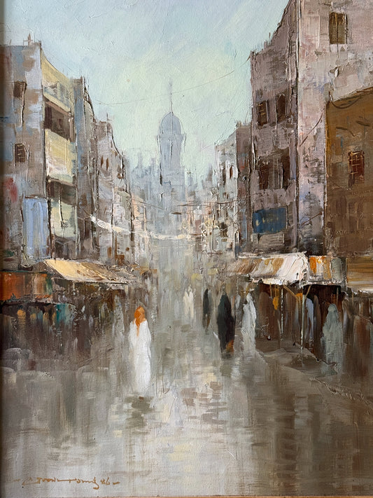 Vintage Framed Oil Painting – Impressionist City Scene