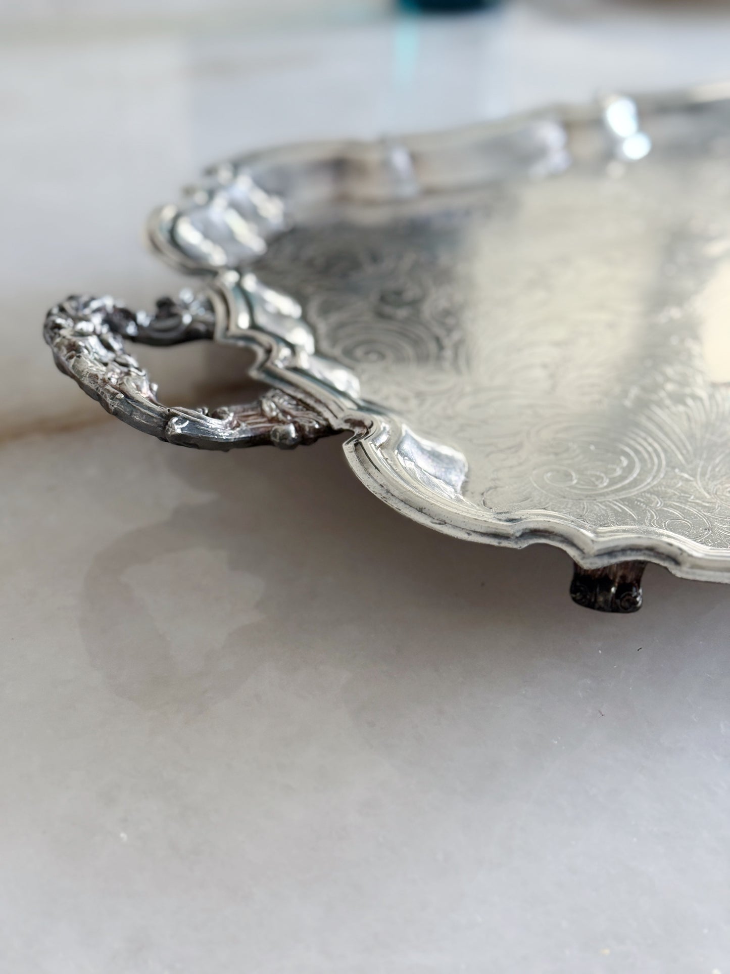 Large Vintage Silver Embossed Footed Serving Tray - 23”