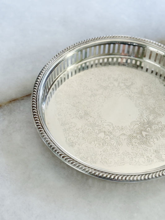 Vintage Silver Serving Tray with Reticulated Edges - 10" round