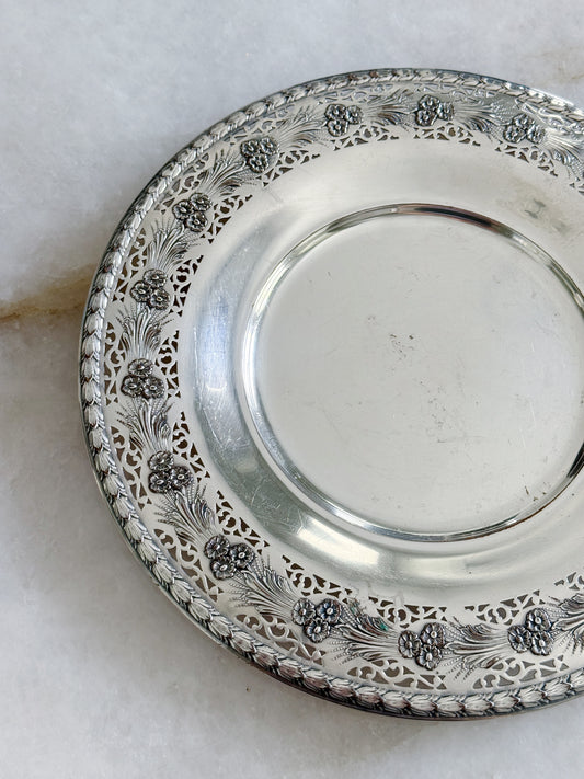 Vintage Silver Plate Pierced Floral Serving Tray | Decorative Round Tray