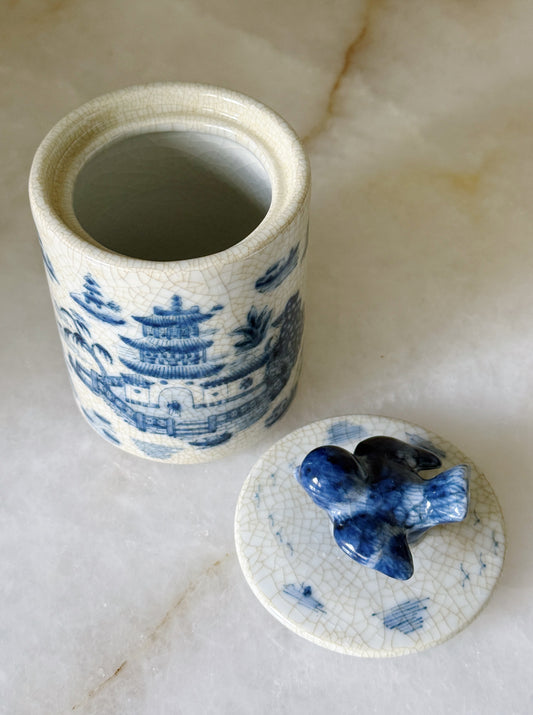Blue & White Chinoiserie Bird-Top Decorative Container