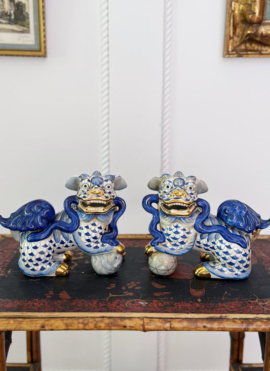 Hand Painted Blue Foo Dogs with 24k Accents