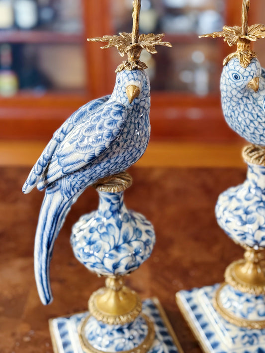 Blue & White Hand Painted Bronze Ormolu Parrot Candle Holders