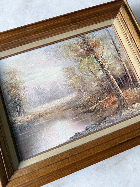 Vintage Framed Oil Painting - River & Autumn Tree Scene