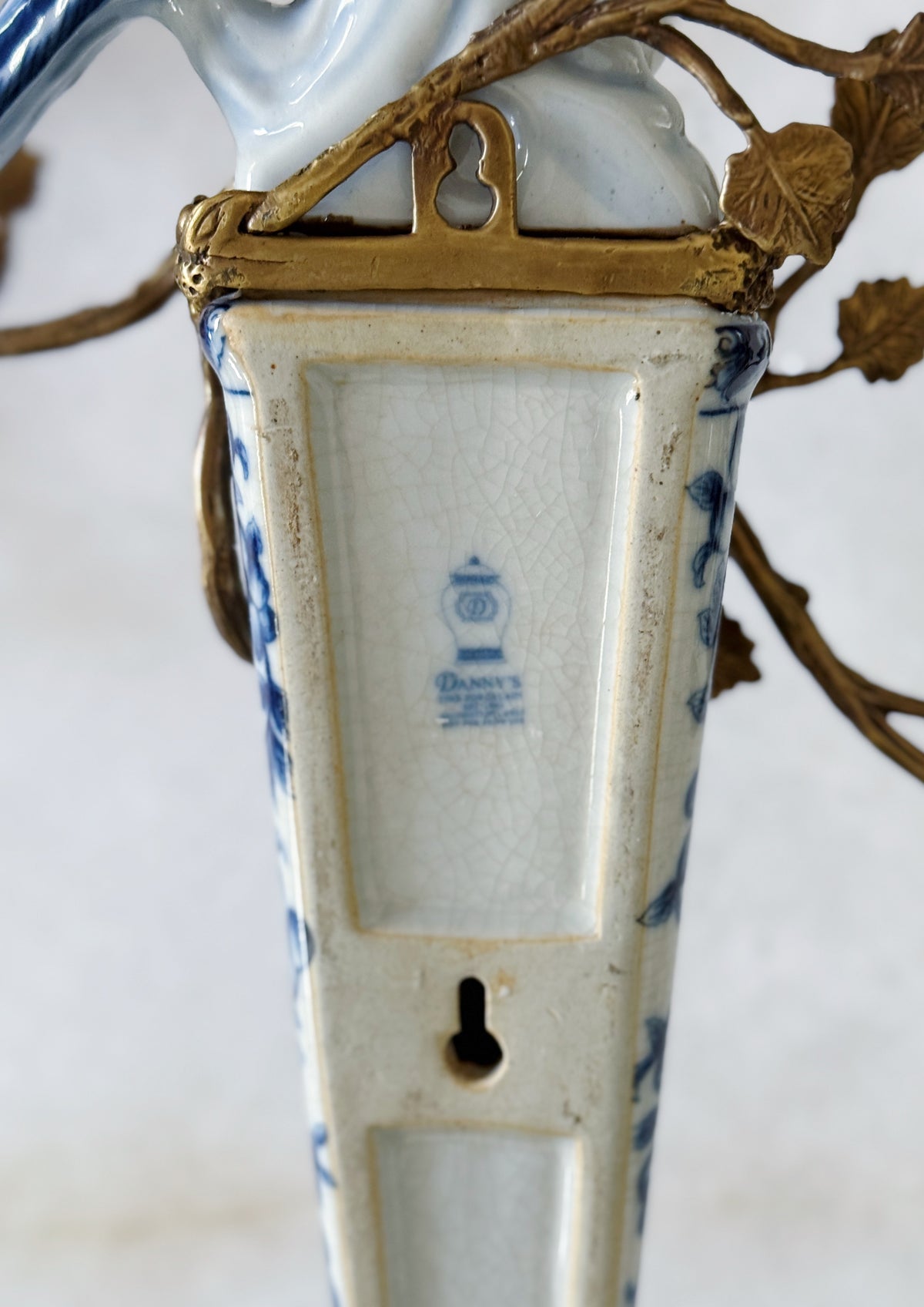 Blue & White Porcelain Bird Wall Sconces with Ormolu Branches – Pair