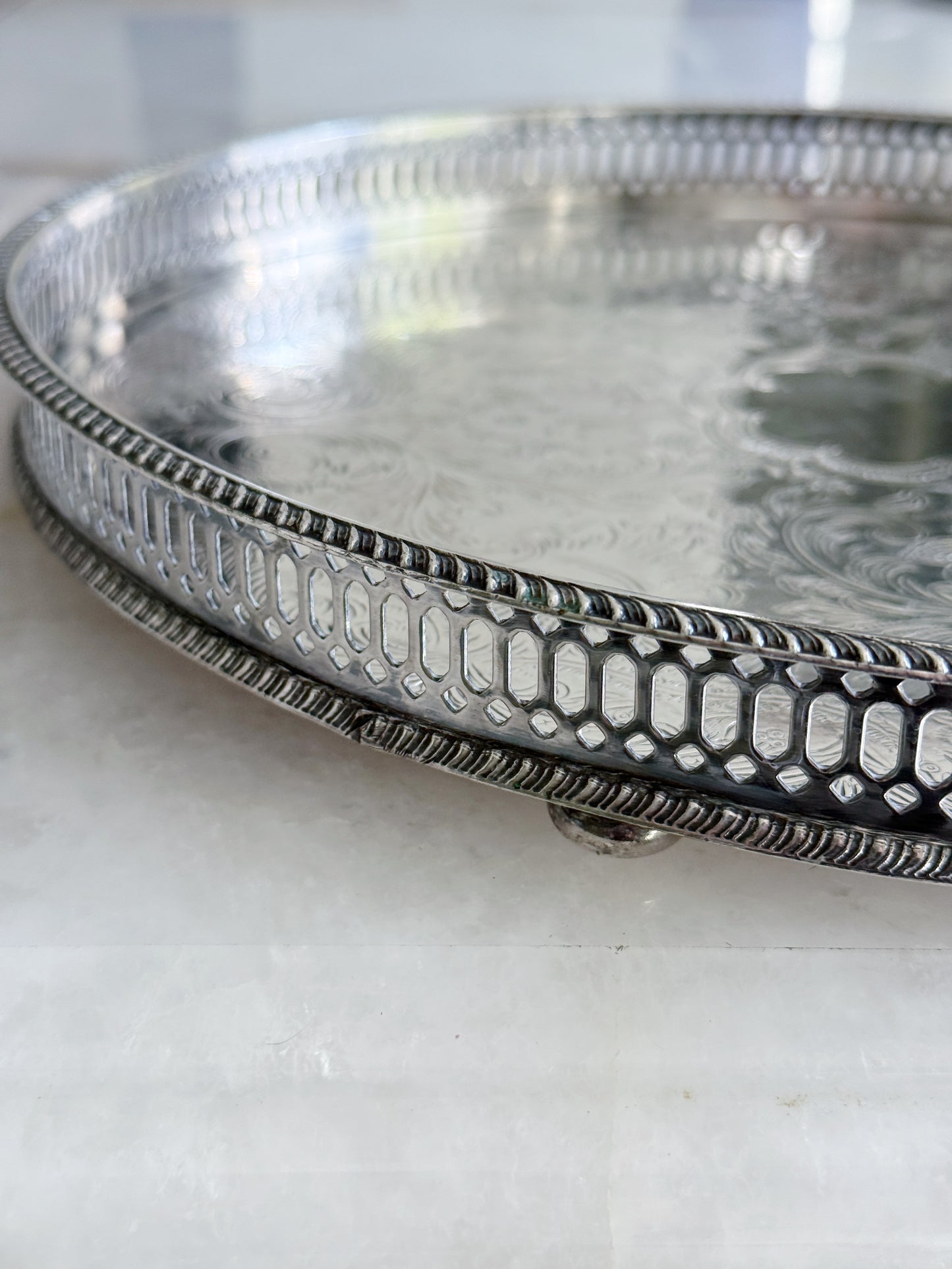 Footed vintage silver serving tray with reticulated edges