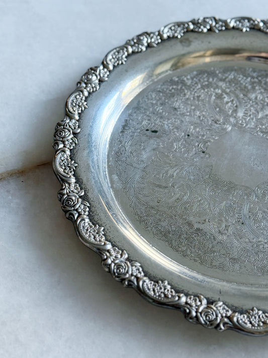 Vintage Round Silver Serving Tray with Floral Border